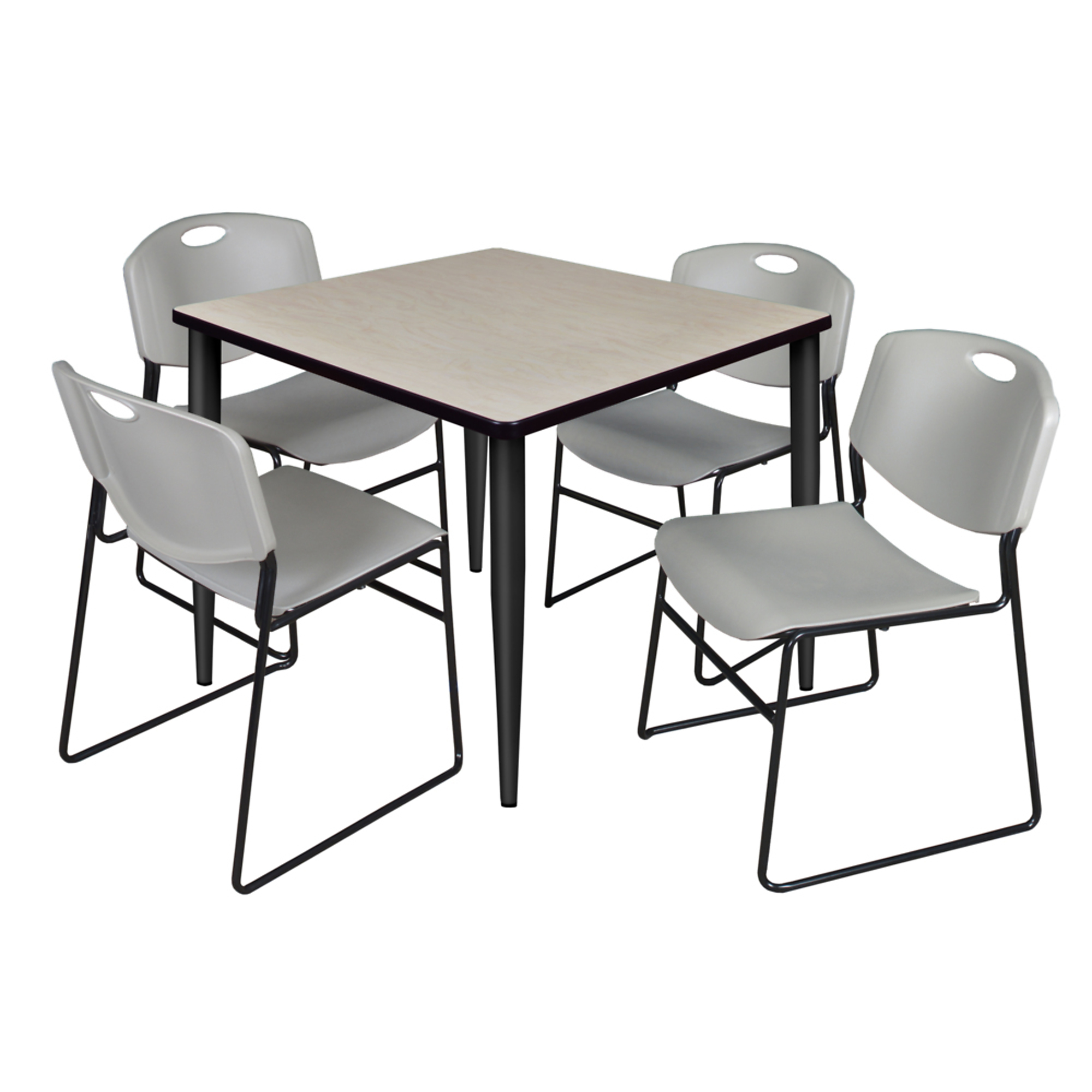 Regency Kahlo 42in. Square Breakroom Table with Maple Top, Black Base & 4 Grey Zeng Stack Chairs, Model# TPL4242PLBK44GY
